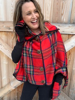 Red Plaid Cape with Collar